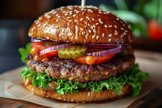 Üppiger, köstlicher Hamburger mit Sesambröckchen