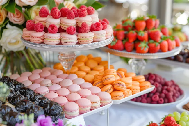 Üppiger Nachtisch-Buffet mit Macarons und Beeren
