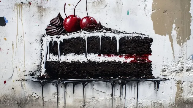 Üppiger Schokoladenkuchen mit Kirschen auf verwitterter Wand