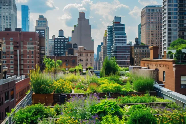Üppiger Stadtgarten auf einem Hochhausdach