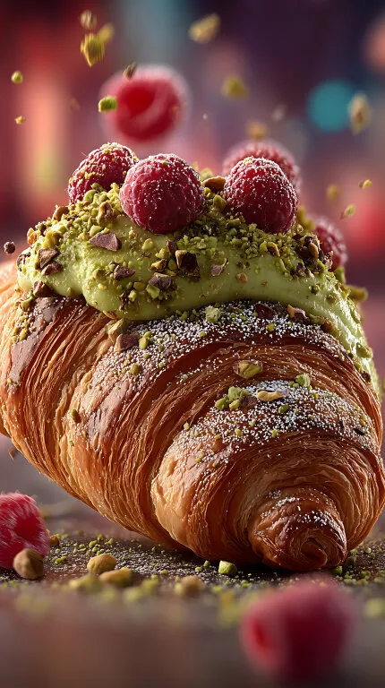 Üppiges Croissant mit frischen Himbeeren und Pistazien