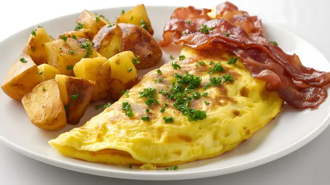 Üppiges Frühstück mit Omelett, Bratkartoffeln und Speck