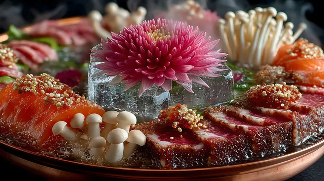 Üppiges Shabu-Shabu-Gericht mit Blumen-Dekor