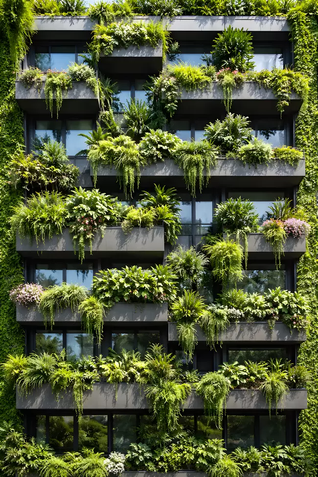 Üppiges vertikales Gartenbett an Gebäudewand