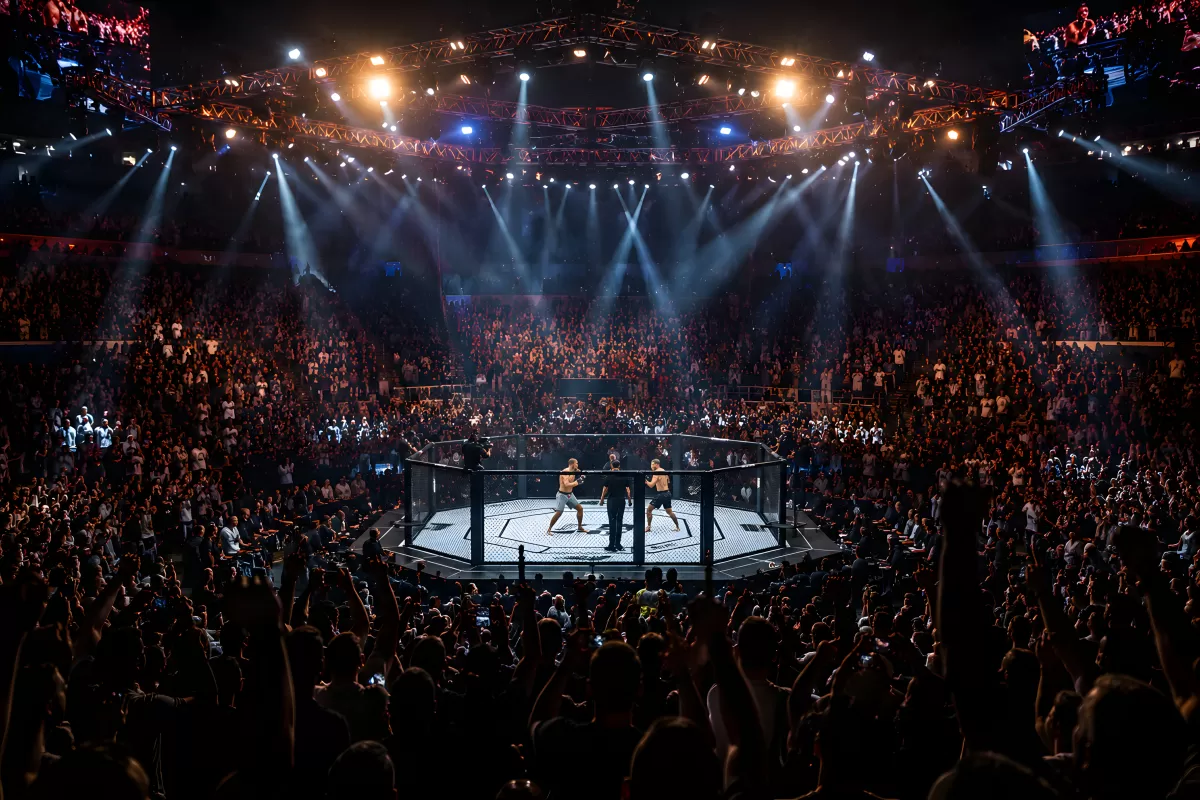 UFC-Kampf in vollbesetzter Arena unter Scheinwerfern