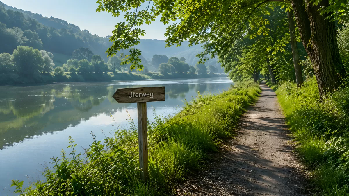 Uferweg am Fluss mit Holzwegweiser im Sommer
