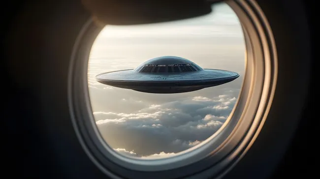 UFO über Wolken durch Flugzeugfenster