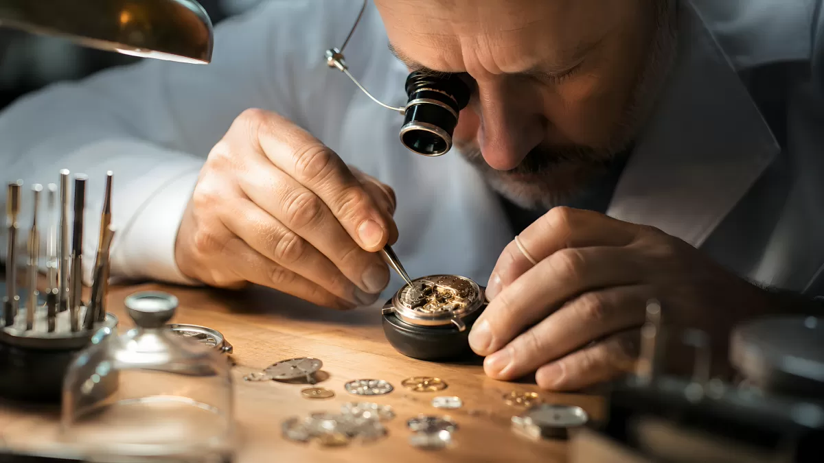 Uhrmacher arbeitet präzise an einem Uhrwerk