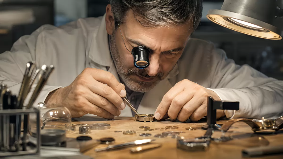 Uhrmacher prüft Uhrwerk mit Lupe am Werktisch