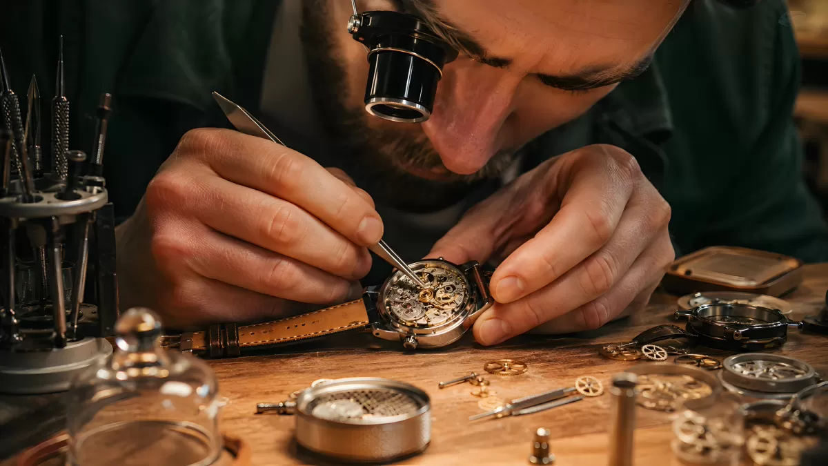 Uhrmacher repariert mechanische Uhr mit Lupe