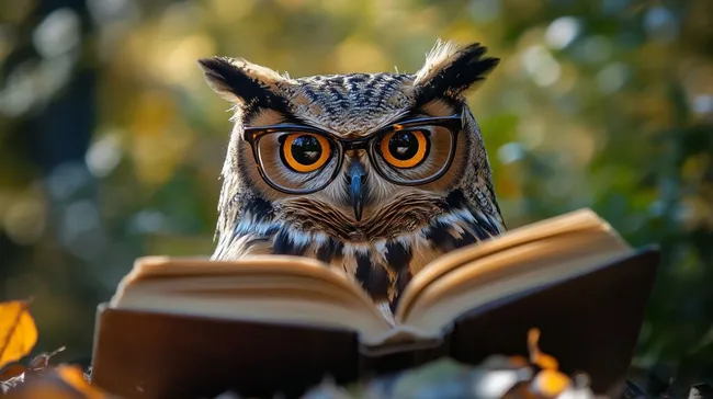 Uhu mit Brille liest Buch in herbstlicher Umgebung