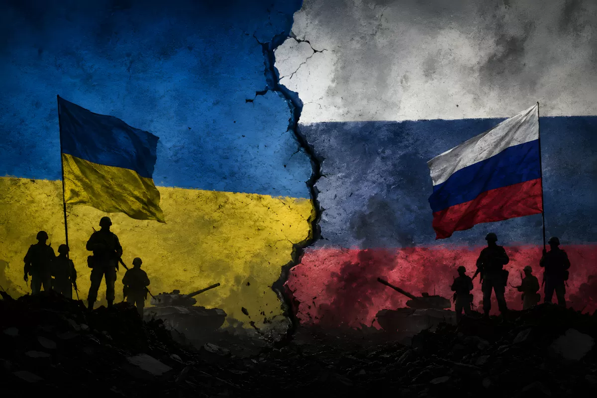 Ukrainisch-russischer Konflikt mit Fahnen und Soldaten