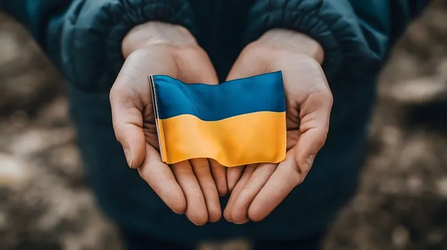 Ukrainische Flagge in Händen als Symbol der Solidarität
