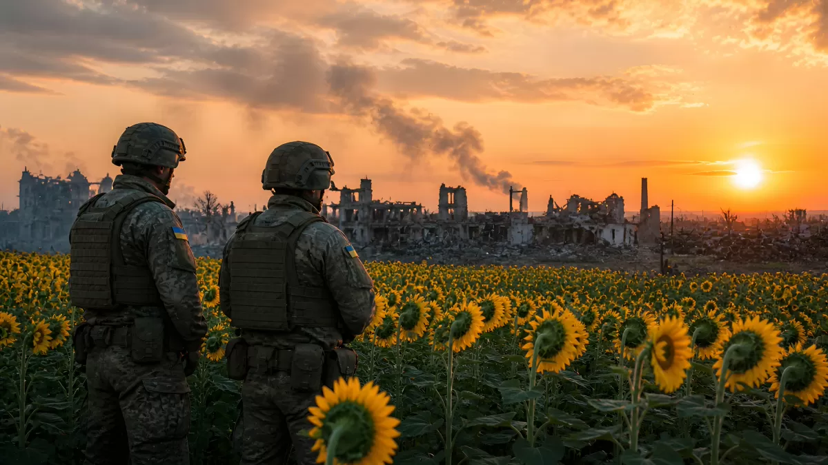 Ukrainische Soldaten im Sonnenblumenfeld vor Ruinen