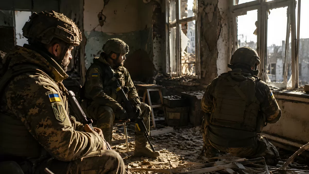 Ukrainische Soldaten in zerstörtem Gebäude an der Front