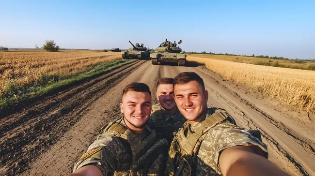 Ukrainische Soldaten machen Selbstporträt mit Panzern