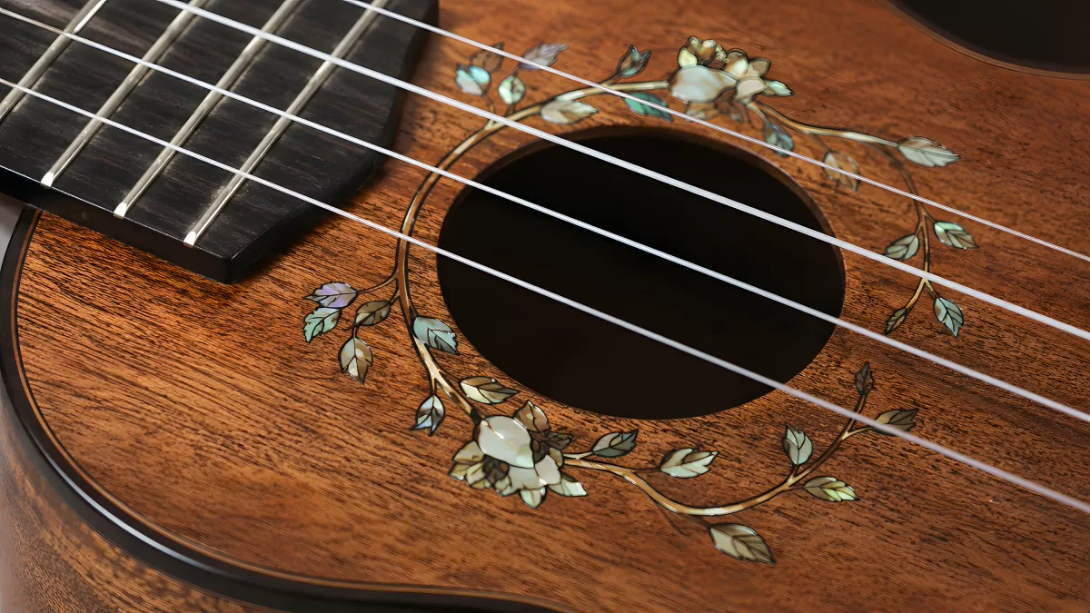 Ukulele mit Perlmutt-Blüteninlay am Schallloch
