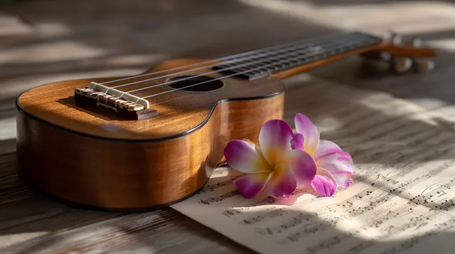 Ukulele mit tropischer Blume auf Notenblatt