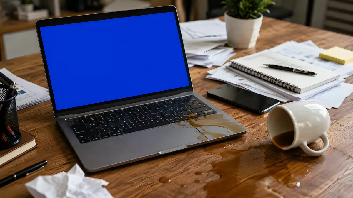 Umgekippte Kaffeetasse auf Laptop im Büro