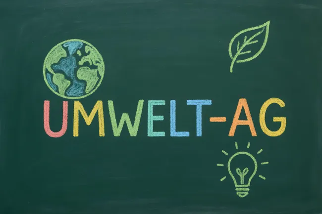 Umwelt-AG auf Tafel - Kreidezeichnung mit Erde und Blatt