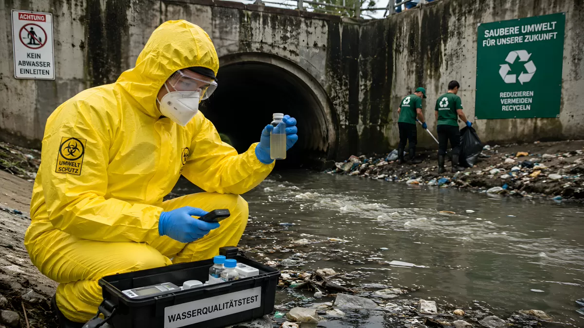 Umweltschützer testet Wasserqualität an verschmutztem Kanal