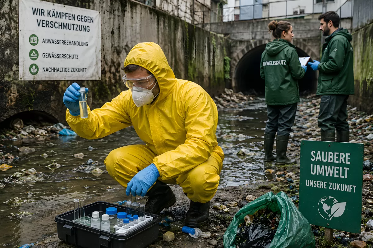 Umweltschutz-Team nimmt Wasserproben an verschmutztem Gewässer