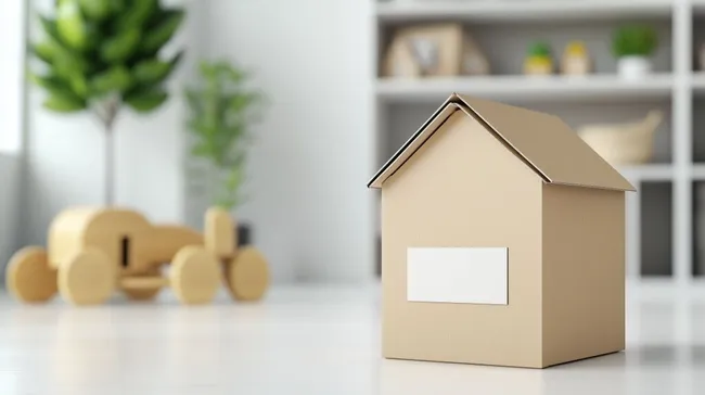 Umzugskarton mit Beschriftungsfeld auf hellem Boden