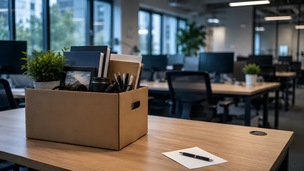 Umzugskarton mit Büromaterial auf leerem Schreibtisch