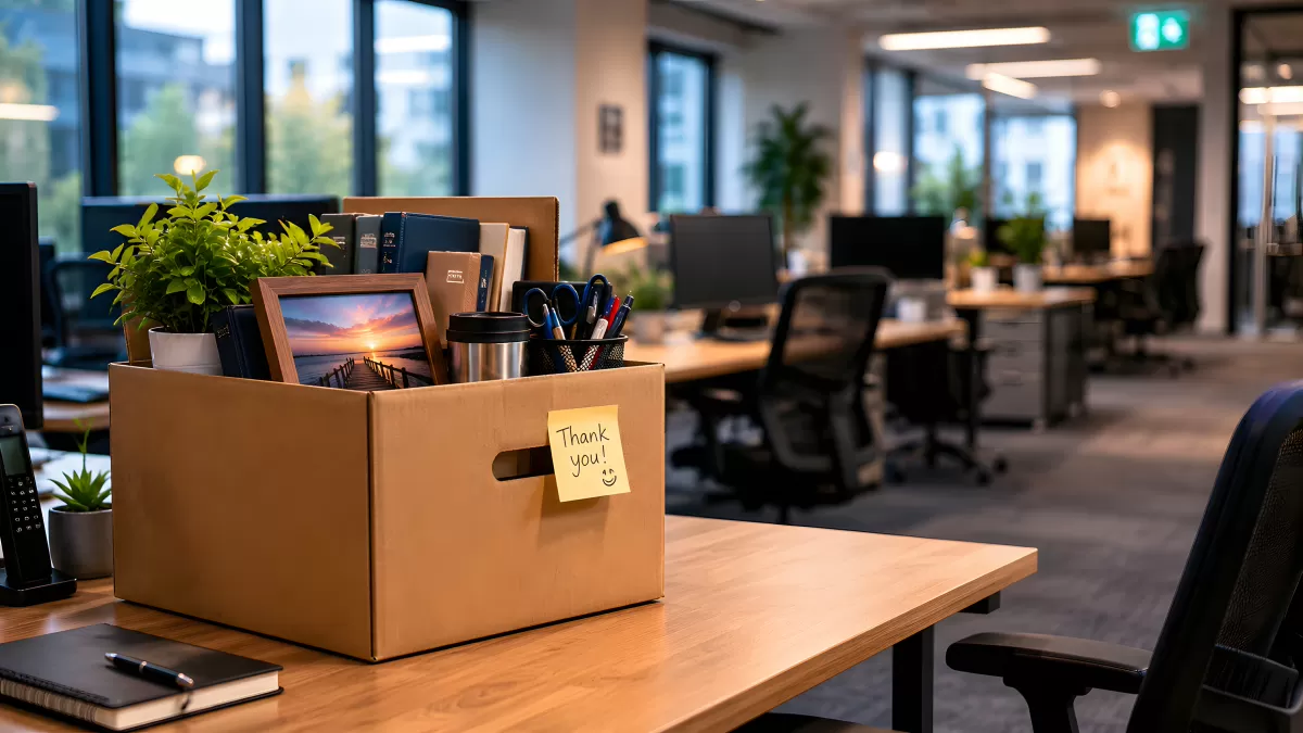 Umzugskarton mit Büropflanzen beim Arbeitsplatz räumen