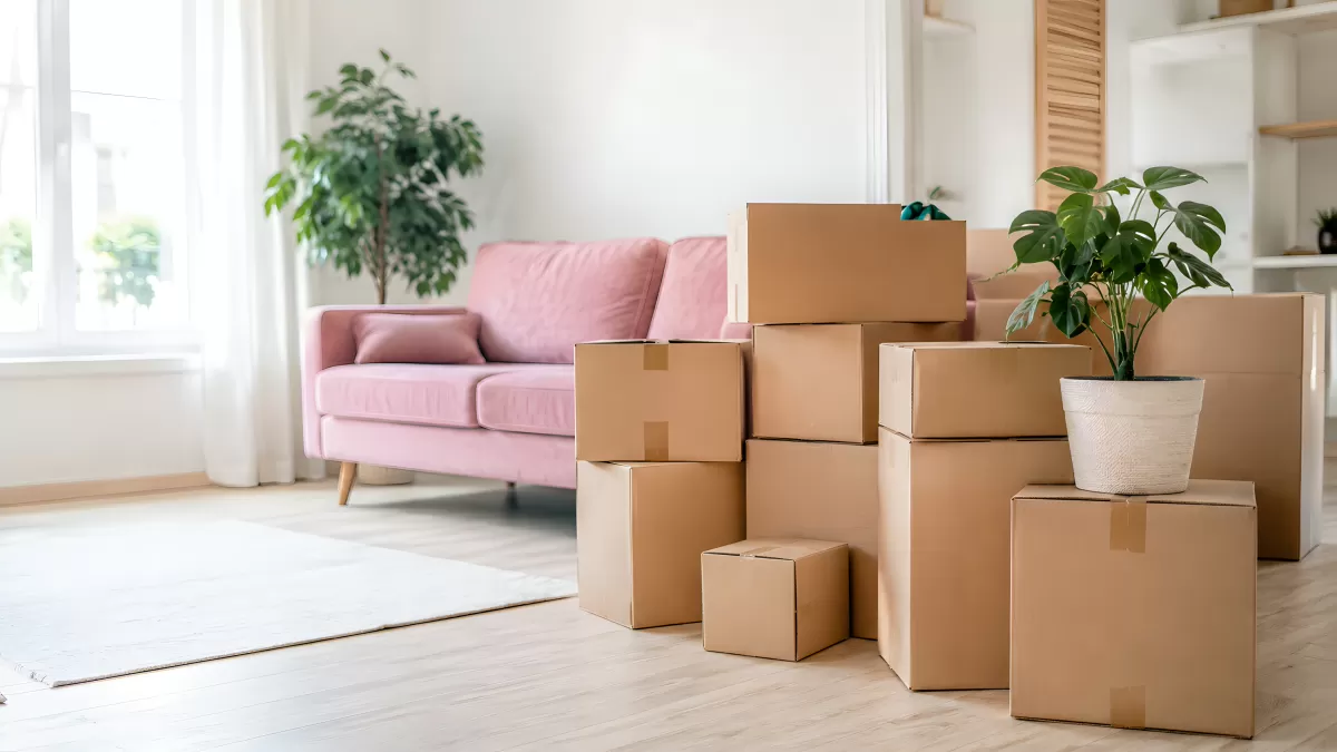 Umzugskartons im hellen Wohnzimmer mit rosa Sofa