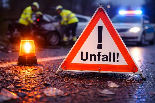 Unfall mit Einsatzfahrzeug auf regennasser Straße