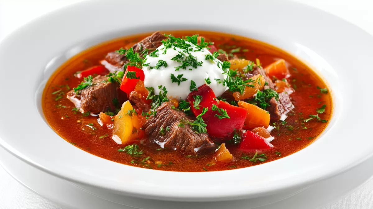 Ungarische Gulaschsuppe mit Sauerrahm und Paprika