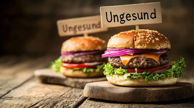 Ungesunde, aber verlockende Burger mit Holzschildern auf rustikalem Untergrund