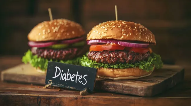 Ungesunde Ernährung und Diabetes-Risiko: Zwei Cheeseburger auf Holzbrett