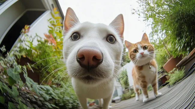 Ungewöhnliche Haustier-Perspektive - Hund und Katze im Garten