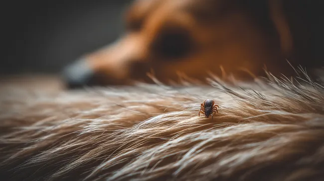 Ungeziefer auf Hundefell in Nahaufnahme