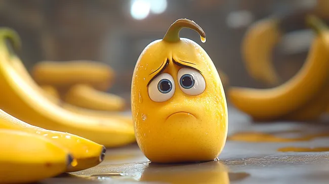 Unglückliche 3D-Cartoon-Banane mit besorgter Mimik