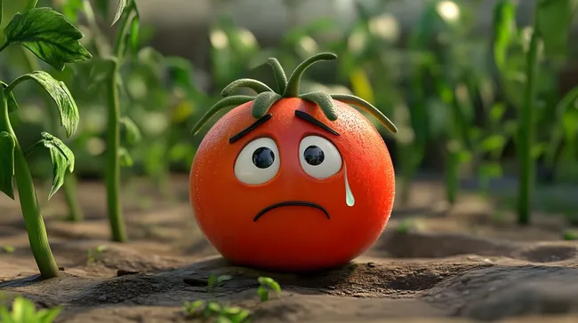 Unglückliche Cartoon-Tomate mit Träne und hängendem Blick