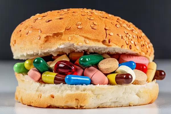 Unhealthy diet and treatment concept. Burger with pills and capsules