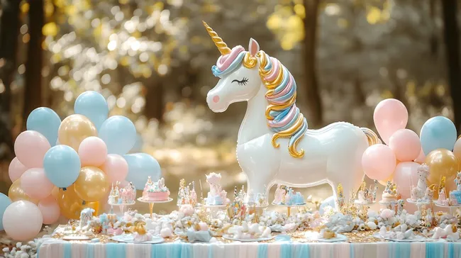 Unicorn-Geburtstagsfest mit bunten Luftballons und Torte