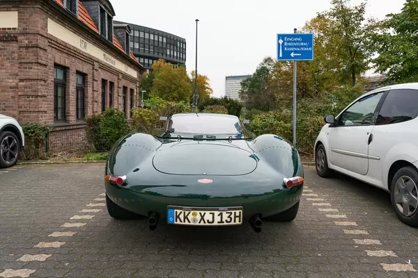 Unique replica of Jaguar XJ13 sportscar parked near Rhine Tower in Dusseldorf, Germany