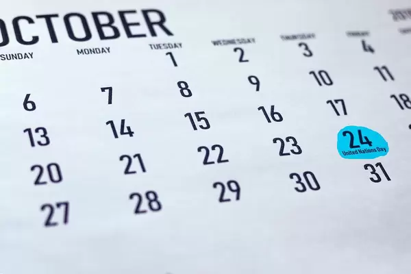 United Nations Day. The date of the 24th October marked on calendar for the month of October