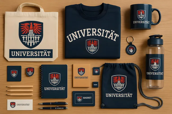 Universität-Merchandise-Sortiment mit Tasche, T-Shirt und Accessoires