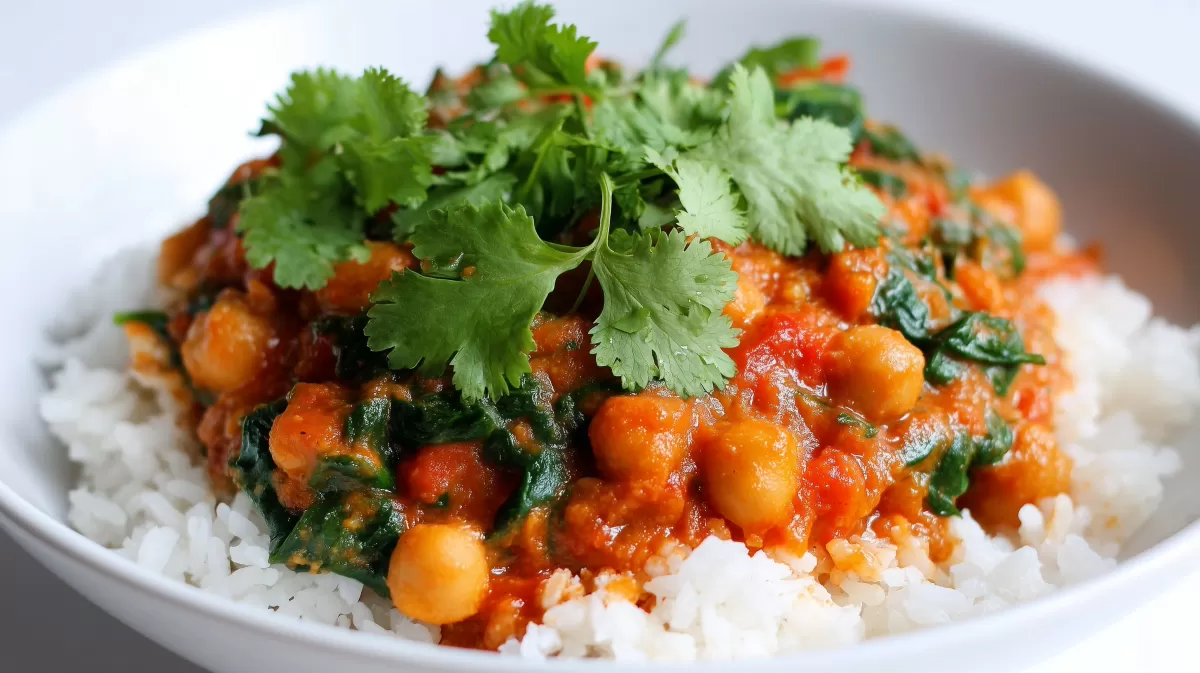 Unkompliziertes Kichererbsen Curry mit Reis und Koriander