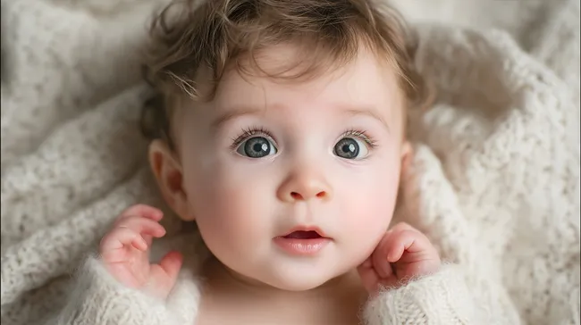 Unschuldiges Baby mit großen Augen in kuscheligem Ambiente