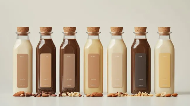 Unterschiedliche vegane Nussmilchsorten in rustikalen Glasflaschen