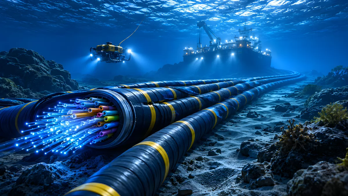Unterwasser-Glasfaserkabel mit ROV und Verlegeschiff