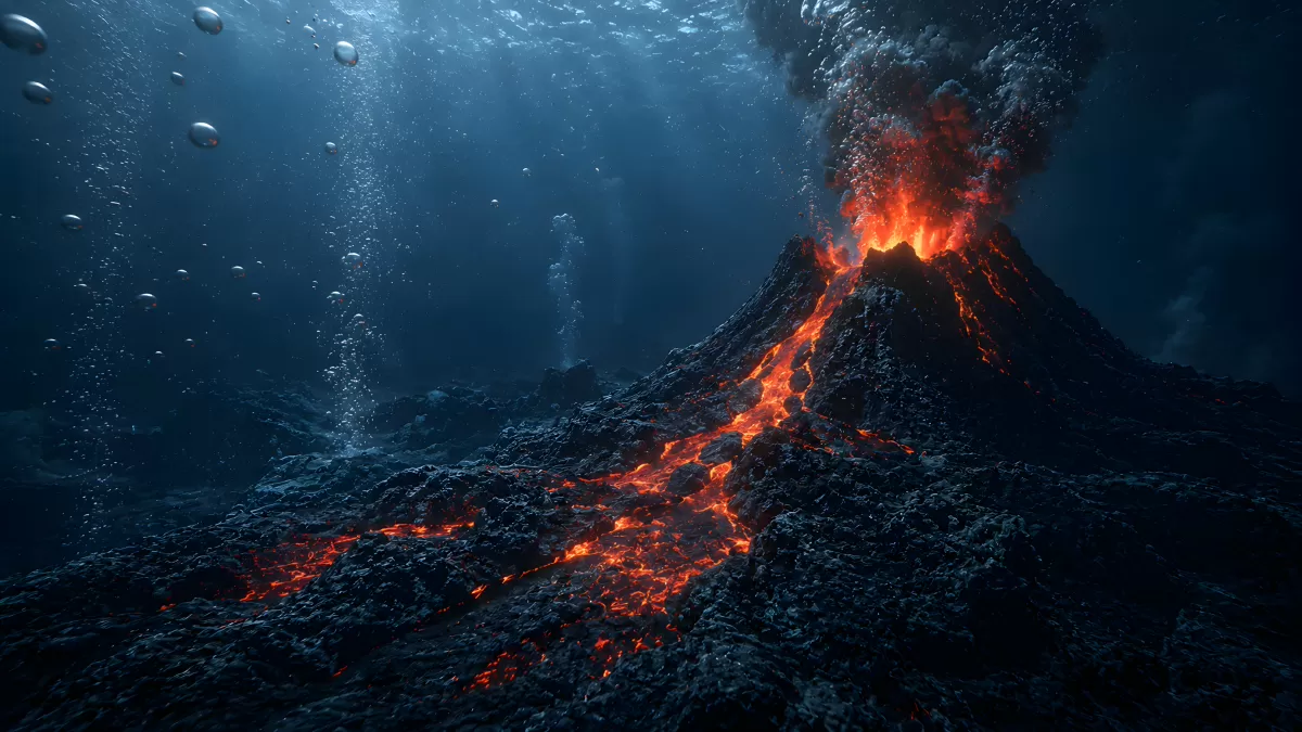 Unterwasservulkan mit glühender Lava im Ozean