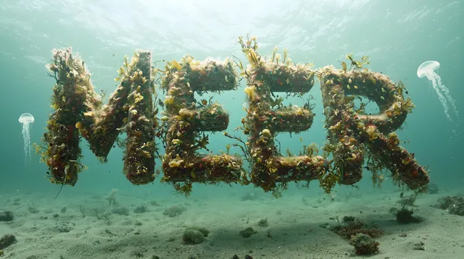 Unterwasserwelt mit Meeres-Schriftzug aus Algen und Korallen