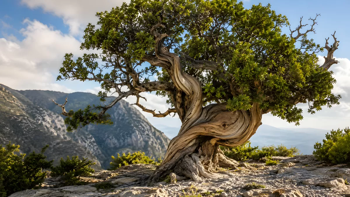 Uralter verdrehter Baum auf Felsen in Berglandschaft